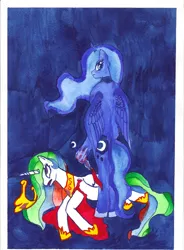 Size: 2490x3380 | Tagged: grimdark, artist:varijani, derpibooru import, princess celestia, princess luna, pony, bipedal, gore, knife, mcknab, murder, traditional art