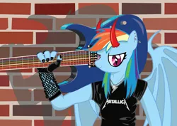 Size: 2526x1785 | Tagged: anthro, artist:varijani, derpibooru import, guitar, metal, metallica, nail polish, rainbow dash, safe, solo