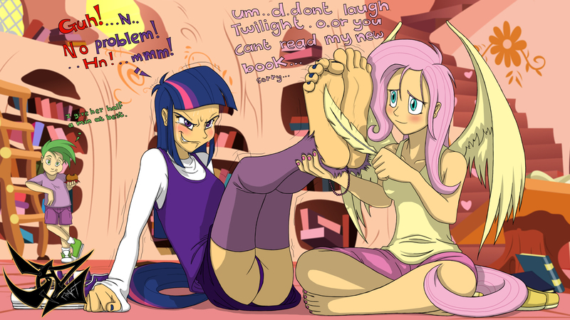 Size: 5035x2823 | Tagged: artist:dazcraft87, artist:dazidentevil, barefoot, bet, big feet, clothes, converse, derpibooru import, feather, feet, female, fluttershy, foot fetish, human, humanized, lesbian, lesbian in front of boys, male, nail polish, panties, questionable, ripped stockings, shipping, skirt, soles, spike, tailed humanization, tanktop, thong, tickling, toes, torn clothes, twilight sparkle, twishy, underwear, upskirt, winged humanization