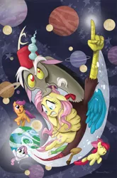 Size: 787x1194 | Tagged: apple bloom, artist:brendahickey, bowtie, cover, cutie mark crusaders, derpibooru import, discord, doctor who, eleventh doctor, fez, fluttershy, hat, idw, idw advertisement, peter pan, safe, scootaloo, sweetie belle