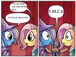 Size: 873x659 | Tagged: safe, derpibooru import, idw, fluttershy, trixie, spoiler:comic, comic, exploitable, police officer, song reference, trixieshy interrupted, village people, ymca