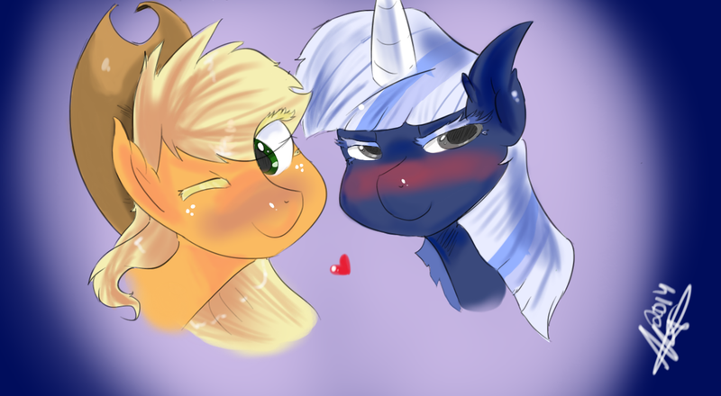 Size: 1248x687 | Tagged: safe, artist:mrscurlystyles, derpibooru import, applejack, oc, oc:silverlay, blushing, canon x oc, cute, female, heart, horn bandage, lesbian, shipping, silverjack