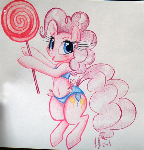 Size: 800x833 | Tagged: artist:prettypinkpony, belly button, bikini, clothes, cute, derpibooru import, diapinkes, lollipop, pinkie pie, safe, solo, swimsuit, traditional art