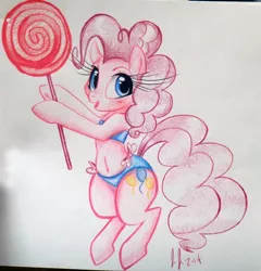 Size: 800x833 | Tagged: artist:prettypinkpony, belly button, bikini, clothes, cute, derpibooru import, diapinkes, lollipop, pinkie pie, safe, solo, swimsuit, traditional art