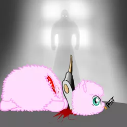 Size: 1050x1050 | Tagged: semi-grimdark, artist:shadysmarty, derpibooru import, oc, oc:fluffle puff, unofficial characters only, axe, blood, death, decapitated, decapitation, fluffy pony grimdark, onomatopoeia, raspberry, raspberry noise, severed head, tongue out, weapon