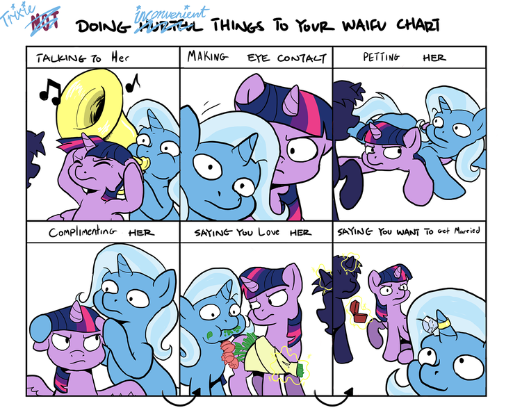 Size: 1600x1300 | Tagged: safe, artist:muffinshire, derpibooru import, trixie, twilight sparkle, twilight sparkle (alicorn), alicorn, pony, unicorn, :t, anon pony, bouquet, covering, doing loving things, eating, eating flower, egophiliac-ish, eyes closed, eyes on the prize, female, flower, frown, glare, hilarious in hindsight, horn ring, horses doing horse things, image, inconvenient trixie, looking at you, magic, mare, meme, musical instrument, png, prone, puffy cheeks, raised hoof, ring, sitting, smiling, sparkles, style emulation, telekinesis, tuba, unamused, wide eyes, woonoggles