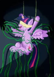 Size: 707x1000 | Tagged: suggestive, artist:mcm21, derpibooru import, twilight sparkle, twilight sparkle (alicorn), alicorn, pony, belly button, blindfold, bondage, crying, female, fetish, hoof tickling, horn ring, laughing, magic suppression, mare, navel play, open mouth, smiling, solo, solo female, spread wings, suspended, tears of laughter, tentacle porn, tentacles, tentacles on female, tickle fetish, tickle torture, tickling, underhoof