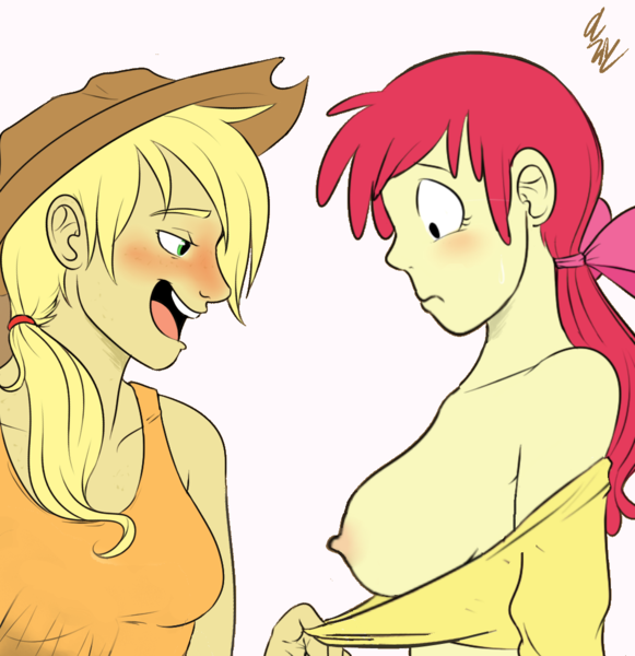 Size: 1000x1032 | Tagged: adult, apple bloom, applecest, applejack, artist:cartoonlion, artist:kanrabat, assisted exposure, bloomjack, breasts, busty apple bloom, dead source, derpibooru import, drunk, drunk aj, edit, embarrassed, exposed breasts, female, futaverse, human, humanized, incest, lesbian, nipples, nudity, older, questionable, shipping, simple background, white background