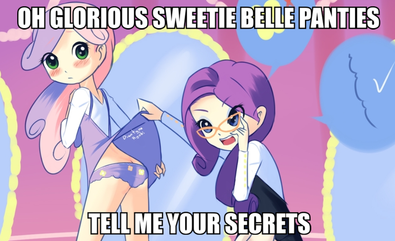 Size: 1080x660 | Tagged: artist:drantyno, assisted exposure, blushing, clothes, derpibooru import, dress, embarrassed, flower pattern underwear, human, humanized, image macro, meme, panties, purple underwear, rarity, skirt, skirt lift, suggestive, sweetie belle, underwear, upskirt