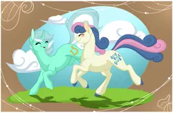 Size: 1065x700 | Tagged: safe, artist:jooughust, derpibooru import, bon bon, lyra heartstrings, sweetie drops, pony, cloud, cloudy, eyes closed, female, grass, lesbian, lyrabon, open mouth, shipping, sky, smiling