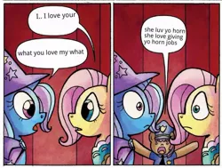 Size: 873x659 | Tagged: suggestive, derpibooru import, edit, idw, fluttershy, trixie, pony, comic, exploitable meme, female, implied hornjob, implied lesbian, implied shipping, mare, meme, police officer, trixieshy interrupted, wide eyes