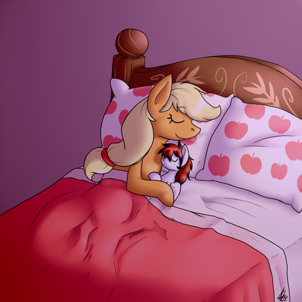 Size: 1280x1280 | Tagged: safe, artist:shikaro, derpibooru import, applejack, oc, oc:twinwing, earth pony, pony, bed, cuddling, female, mare, sleeping