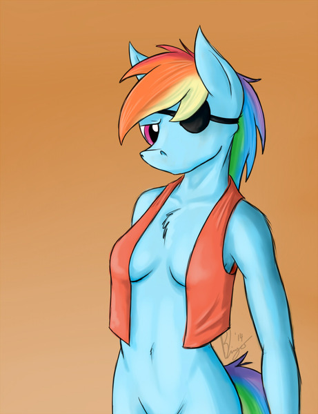 Size: 786x1024 | Tagged: anthro, artist:bingodingo, belly button, breasts, busty rainbow dash, clothes, derpibooru import, eyepatch, female, pirate dash, rainbow dash, seductive, small breasts, solo, solo female, suggestive, tough, vest