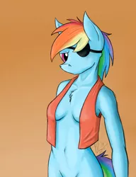 Size: 786x1024 | Tagged: anthro, artist:bingodingo, belly button, breasts, busty rainbow dash, clothes, derpibooru import, eyepatch, female, pirate dash, rainbow dash, seductive, small breasts, solo, solo female, suggestive, tough, vest