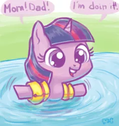 Size: 624x659 | Tagged: safe, artist:mcponyponypony, derpibooru import, twilight sparkle, pony, unicorn, cute, daaaaaaaaaaaw, filly, filly twilight sparkle, floaty, foal, hnnng, inflatable, open mouth, smiling, solo, sweet dreams fuel, swimming, swimming pool, twiabetes, water, water wings, weapons-grade cute