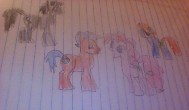 Size: 640x373 | Tagged: artist:gracie_cleopatra, derpibooru import, lined paper, oc, oc:cut purse, oc:red, oc:torque, pinkie pie, safe, traditional art