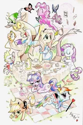 Size: 800x1207 | Tagged: alice in wonderland, applejack, artist:annamariabryant, crossover, cup, derpibooru import, discord, fluttershy, hoof hold, hookah, mad hatter, mane seven, mane six, pinkie pie, pocket watch, queen of hearts, rainbow dash, rarity, safe, smoking, spike, teacup, tea party, teapot, traditional art, twilight sparkle, white rabbit