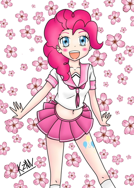 Size: 754x1056 | Tagged: artist:kizan, belly button, blushing, blush sticker, clothes, derpibooru import, human, humanized, kneesocks, midriff, miniskirt, pinkie pie, pixiv, safe, sailor uniform, schoolgirl, school uniform, skirt, socks, solo