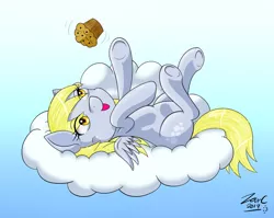 Size: 1024x816 | Tagged: safe, artist:zanclife, derpibooru import, derpy hooves, pegasus, pony, behaving like a cat, cloud, cute, female, gradient background, mare, muffin, on back, solo, underhoof