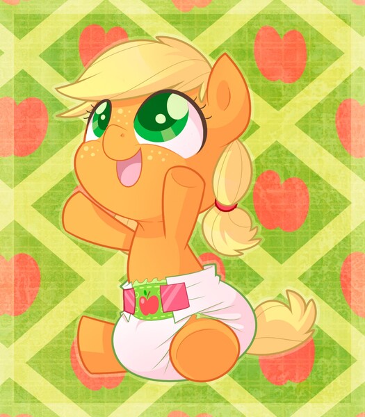 Size: 1121x1280 | Tagged: safe, artist:cuddlehooves, derpibooru import, applejack, pony, baby, baby pony, babyjack, cuddlehooves is trying to murder us, cute, cutie mark diapers, diaper, foal, hnnng, jackabetes, looking up, open mouth, poofy diaper, sitting, smiling, solo, weapons-grade cute