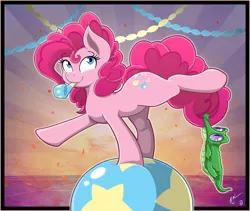 Size: 1024x865 | Tagged: safe, artist:crimson-mane, artist:joey darkmeat, derpibooru import, gummy, pinkie pie, balancing, ball, confetti, duo, party horn, signature