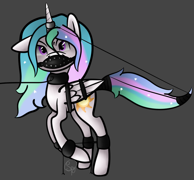 Size: 1024x952 | Tagged: angry, artist:starshinefox, bondage, bound wings, collar, cuffs, derpibooru import, female, gag, horn ring, leash, muzzle gag, princess celestia, solo, solo female, spreader bar, suggestive, tail holder, tail wrap, tied down