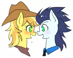 Size: 558x444 | Tagged: safe, artist:megarexetera, derpibooru import, braeburn, soarin', pony, bailey sweet, blushing, eye contact, female, glide, happy, honeyglide, lesbian, looking at each other, mare, open mouth, r63 shipping, rule 63, shipping, smiling, soarburn