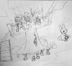 Size: 2061x1886 | Tagged: apple bloom, artist:infinitydash, clubhouse, crusaders clubhouse, cutie mark crusaders, derpibooru import, monochrome, pencil drawing, rabbit, safe, scootaloo, sketch, sweetie belle, traditional art, treehouse, wip