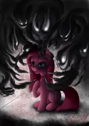 Size: 1860x2631 | Tagged: artist:bluespaceling, blood, dark, dark magic, darkness, depression, grimdark, injured, knife, magic, metaphor, pinkamena diane pie, pinkie pie, shadow pony, sitting