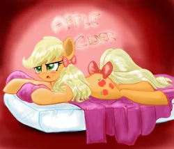 Size: 2500x2141 | Tagged: safe, artist:impcjcaesar, derpibooru import, applejack, alternate hairstyle, bed, blushing, bow, lying, solo, tail bow