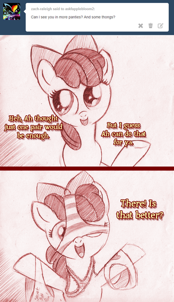 Size: 792x1370 | Tagged: suggestive, artist:jaxonian, derpibooru import, apple bloom, earth pony, pony, ask fapplebloom, 2 panel comic, ask, clothes, comic, female, filly, foalcon, frilly underwear, heart, monochrome, panties, solo, striped underwear, thong, tumblr, underwear, wardrobe misuse