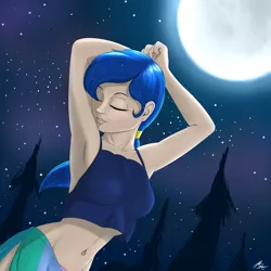 Size: 2400x2400 | Tagged: armpits, artist:captainpudgemuffin, beautiful, belly button, belly dancer, bellyring, clothes, derpibooru import, eyes closed, female, grin, human, humanized, midriff, moon, night, princess luna, safe, sarong, sky, smiling, solo, tanktop