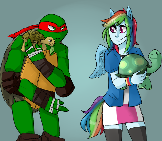 Size: 691x600 | Tagged: safe, artist:tsclonix, derpibooru import, rainbow dash, tank, tortoise, equestria girls, crossover, ponied up, raphael, teenage mutant ninja turtles, tmnt 2012