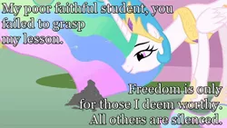 Size: 1280x720 | Tagged: a bird in the hoof, ash, defiance, derpibooru import, edit, edited screencap, free will, image macro, implied death, meme, princess celestia, screencap, semi-grimdark, smiling, solo, tyrant celestia, utopia justifies the means