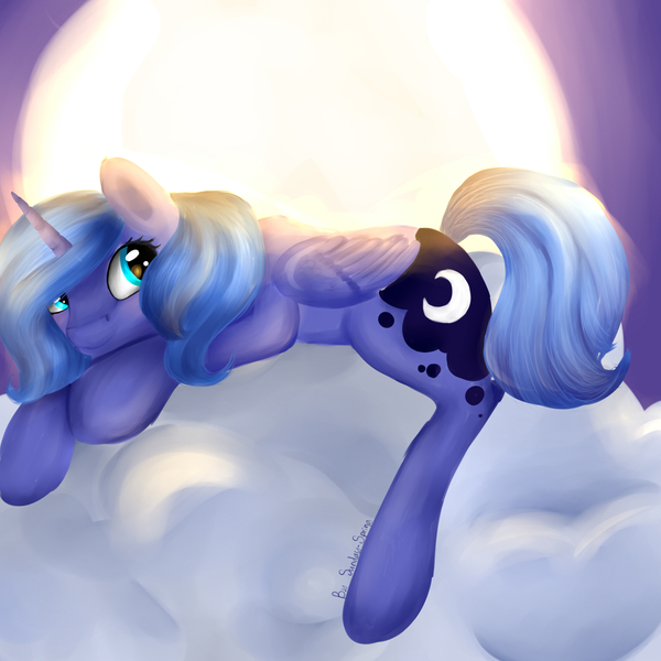 Size: 1700x1700 | Tagged: artist:sunday-spring, derpibooru import, moon, princess luna, prone, s1 luna, safe, smiling, solo