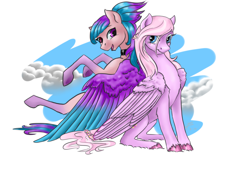 Size: 1024x744 | Tagged: safe, artist:dragonademetal, derpibooru import, oc, oc:shiny dawn, oc:sugar bloom, unofficial characters only, pegasus, pony, cloud, cute, duo, fluffy, freckles, looking at you, looking back, open mouth, simple background, sitting, smiling, transparent background, underhoof, unshorn fetlocks, wing fluff