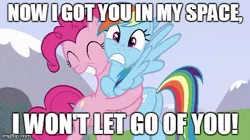 Size: 490x275 | Tagged: safe, derpibooru import, edit, edited screencap, screencap, pinkie pie, rainbow dash, earth pony, pegasus, pony, wonderbolts academy, disclosure, female, hug, image macro, latch, mare, meme, sam smith, song reference, text