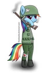 Size: 2168x3008 | Tagged: dead source, safe, artist:facelesssoles, derpibooru import, rainbow dash, pony, bandage, bipedal, bleeding, blood, boots, cigarette, clothes, female, gun, helmet, mare, military, shoes, simple background, smoking, soldier, solo, tommy gun, transparent background, uniform, wingless, world war ii