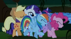 Size: 723x400 | Tagged: safe, derpibooru import, screencap, applejack, pinkie pie, rainbow dash, rarity, twilight sparkle, earth pony, pegasus, pony, unicorn, friendship is magic, butt touch, cropped, eyes closed, hoof on butt, out of context
