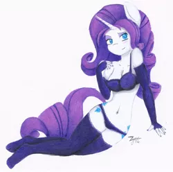 Size: 1960x1942 | Tagged: anthro, artist:zyncrus, belly button, blushing, both cutie marks, bra, breasts, cleavage, clothes, derpibooru import, evening gloves, eyeshadow, female, fingerless elbow gloves, fingerless gloves, frilly underwear, gloves, lingerie, looking at you, makeup, nail polish, panties, plantigrade anthro, purple underwear, rarity, simple background, smiling, solo, solo female, stockings, suggestive, underwear, white background