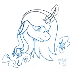 Size: 1000x1000 | Tagged: artist:midnightsix3, curved horn, derpibooru import, element of generosity, element of honesty, element of kindness, element of laughter, element of loyalty, element of magic, elements of harmony, lunadoodle, magic, monochrome, princess luna, s1 luna, safe, solo, telekinesis