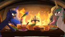 Size: 1920x1080 | Tagged: safe, artist:lunarcakez, derpibooru import, princess celestia, princess luna, :t, alcohol, alfalfa, bread, candle, cheese, cup, dinner, eating, excited, fireplace, food, grapes, happy, levitation, magic, messy eating, open mouth, puffy cheeks, smiling, table, telekinesis, tongue out, wine