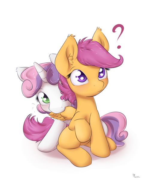Size: 1125x1375 | Tagged: safe, artist:alasou, deleted from derpibooru, derpibooru import, scootaloo, sweetie belle, pegasus, pony, unicorn, blushing, cute, cutealoo, diasweetes, female, filly, lesbian, preening, question mark, scootabelle, shipping
