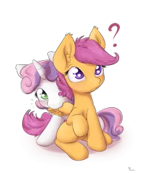 Size: 1125x1375 | Tagged: safe, artist:alasou, deleted from derpibooru, derpibooru import, scootaloo, sweetie belle, pegasus, pony, unicorn, blushing, cute, cutealoo, diasweetes, female, filly, lesbian, preening, question mark, scootabelle, shipping