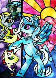 Size: 1024x1432 | Tagged: safe, artist:scribblesketchscoo, derpibooru import, idw, derpy hooves, flam, flim, queen chrysalis, trixie, alicorn, pony, reflections, spoiler:comic, mirror universe, race swap, reversalis, stained glass, trixiecorn