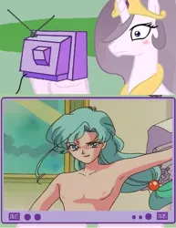 Size: 539x700 | Tagged: suggestive, derpibooru import, princess celestia, princess molestia, anime, breasts, delicious flat chest, exploitable meme, female, fisheye, gay, male, meme, nipples, nudity, obligatory pony, sailor moon, trap, tv meme