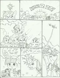 Size: 1275x1662 | Tagged: applejack, artist:joelashimself, comic, derpibooru import, fluttershy, monochrome, oc, pinkie pie, rainbow dash, rarity, safe, shining armor, the forgotten element, twilight sparkle