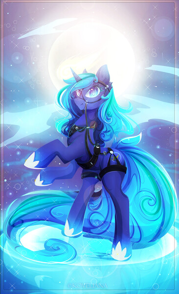 Size: 1832x3000 | Tagged: safe, artist:koveliana, derpibooru import, oc, oc:moonlight silk, unofficial characters only, pony, unicorn, breast collar, bridle, chromatic aberration, color porn, harness, rearing, reins, solo, tack