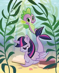 Size: 612x756 | Tagged: artist:inki-drop, book, bubble, derpibooru import, hilarious in hindsight, looking at you, merpony, open mouth, reading, safe, seahorse, seaponified, sea pony, seapony twilight, seaweed, smiling, species swap, spike, twilight sparkle, twilight sparkle (alicorn), underwater
