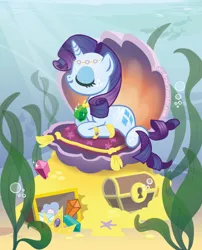 Size: 500x618 | Tagged: artist:inki-drop, bubble, clam, derpibooru import, eyes closed, gem, gold, headdress, jewelry, merpony, necklace, prone, rarity, safe, seaweed, smiling, solo, species swap, underwater
